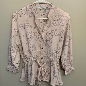 XS Sweet Rain floral tie waist long sleeved blouse.